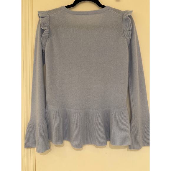 QI CASHMERE SAKS FIFTH AVENUE Lt Blue Ruffle Trim Bell Sleeve Peplum Sweater M - Picture 3 of 8